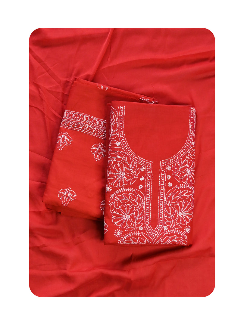 Seva Chikan Hand Embroidered Red Cotton Lucknowi Chikankari Unstitched Suit Piece-SCL13079