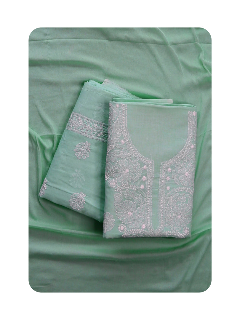 Seva Chikan Hand Embroidered Sage Green Cotton Lucknowi Chikankari Unstitched Suit Piece-SCL13080