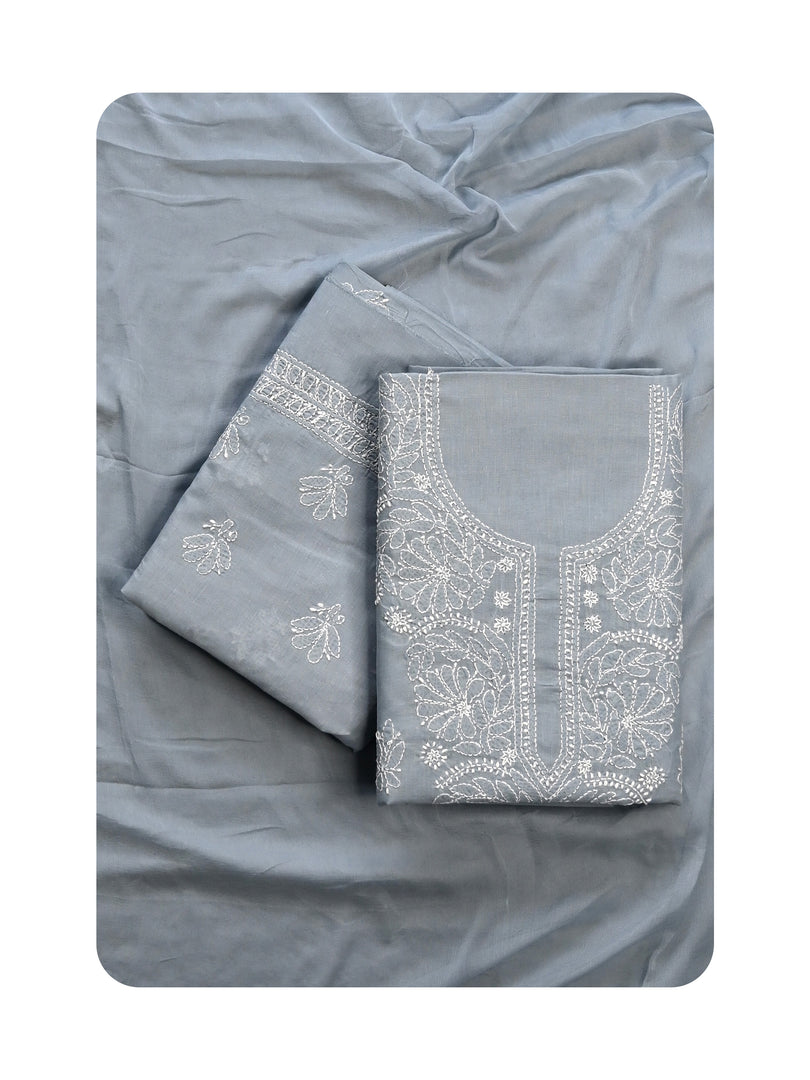 Seva Chikan Hand Embroidered Grey Cotton Lucknowi Chikankari Unstitched Suit Piece-SCL13082