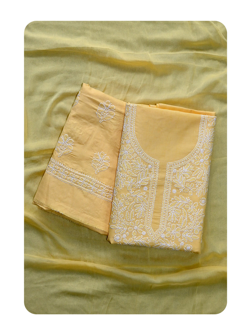 Seva Chikan Hand Embroidered Yellow Cotton Lucknowi Chikankari Unstitched Suit Piece-SCL13083