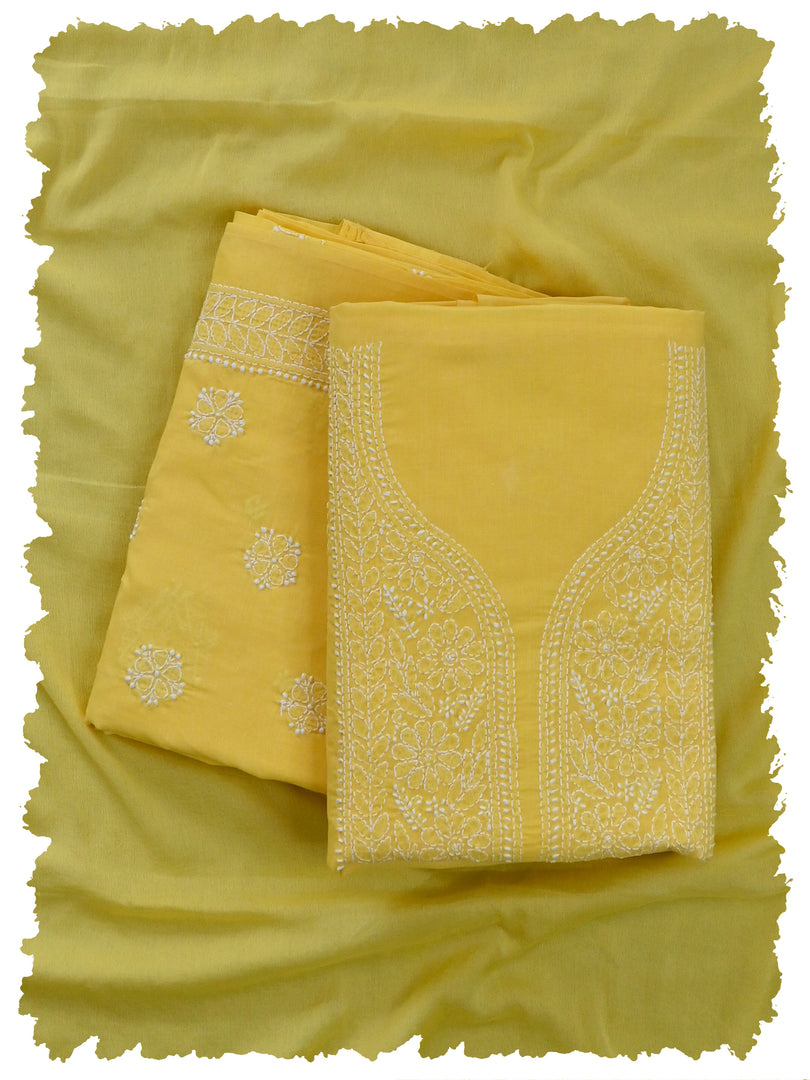 Seva Chikan Hand Embroidered Yellow Cotton Lucknowi Chikankari Unstitched Suit Piece-SCL13099