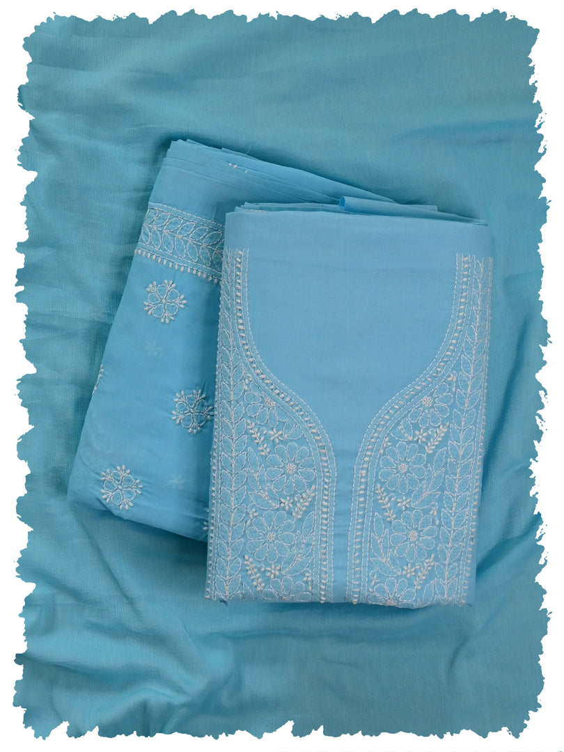 Seva Chikan Hand Embroidered Blue Cotton Lucknowi Chikankari Unstitched Suit Piece-SCL13102