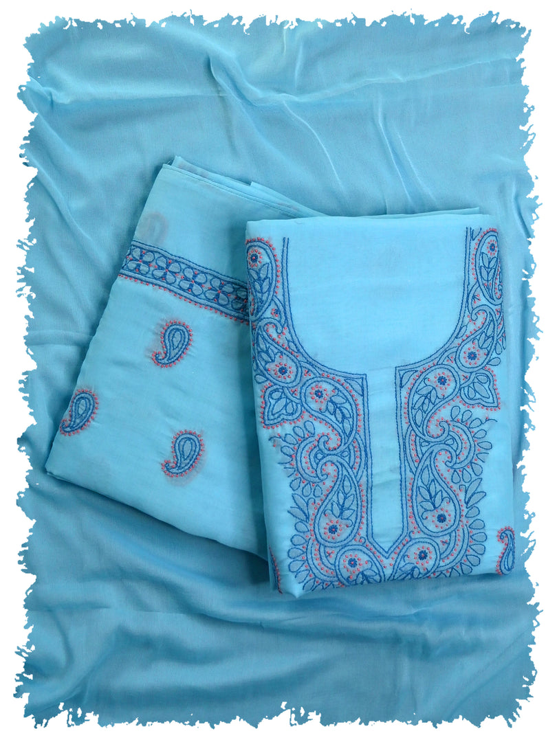 Seva Chikan Hand Embroidered Blue Cotton Lucknowi Chikankari Unstitched Suit Piece-SCL13104