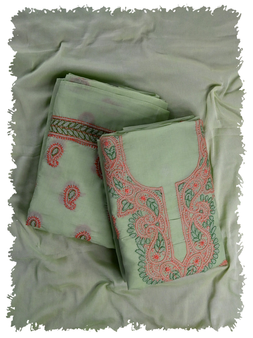 Seva Chikan Hand Embroidered Green Cotton Lucknowi Chikankari Unstitched Suit Piece-SCL13105