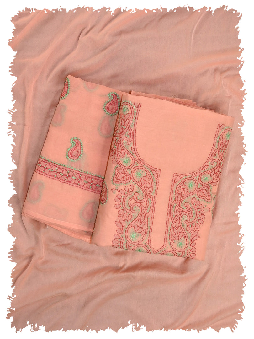 Seva Chikan Hand Embroidered Peach Cotton Lucknowi Chikankari Unstitched Suit Piece-SCL13106