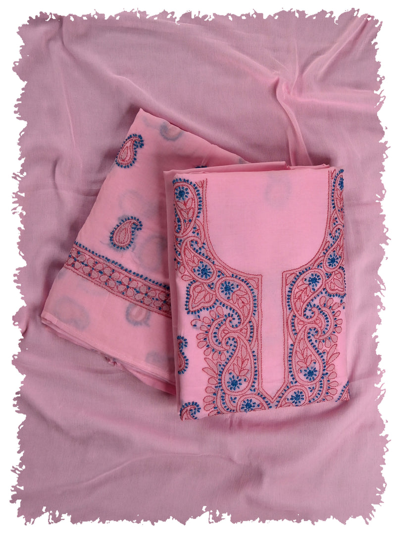 Seva Chikan Hand Embroidered Pink Cotton Lucknowi Chikankari Unstitched Suit Piece-SCL13107