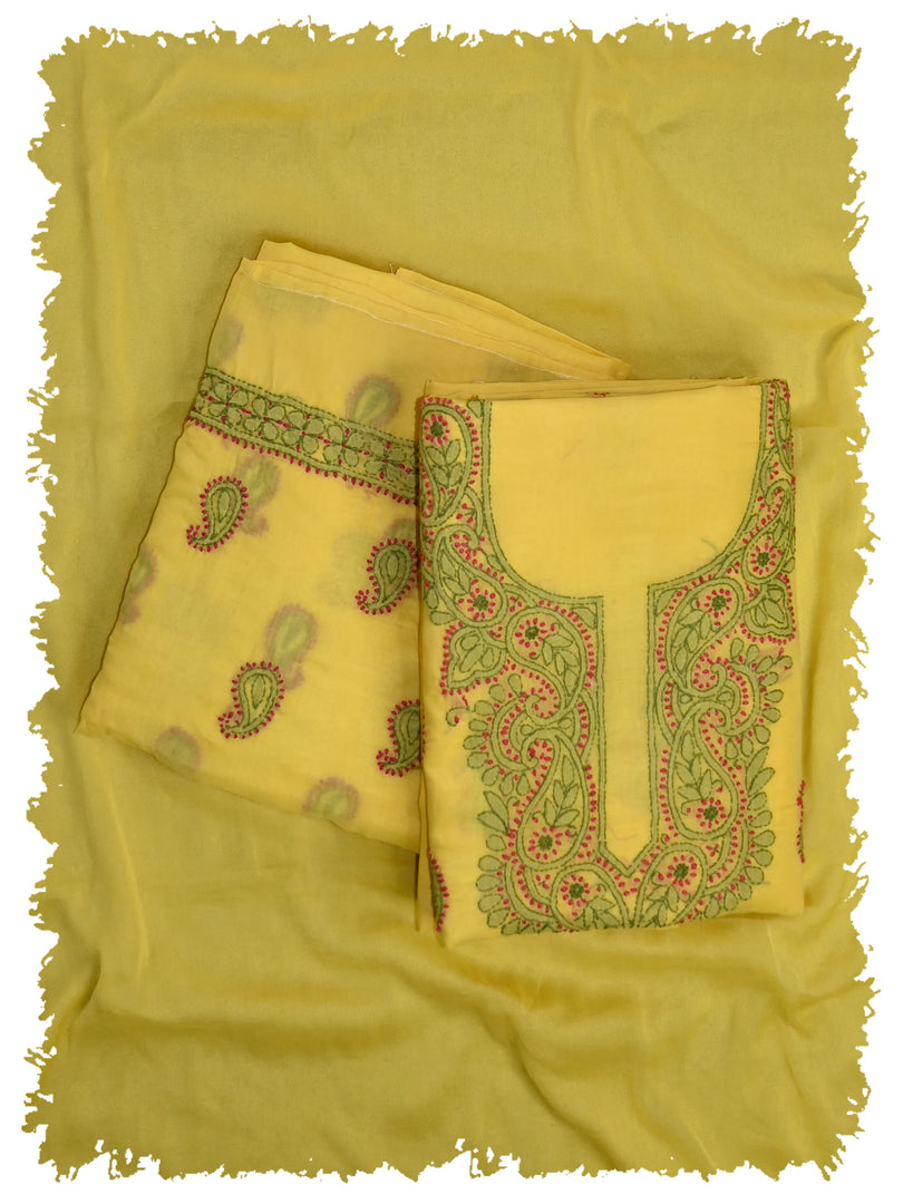 Seva Chikan Hand Embroidered Yellow Cotton Lucknowi Chikankari Unstitched Suit Piece-SCL13109