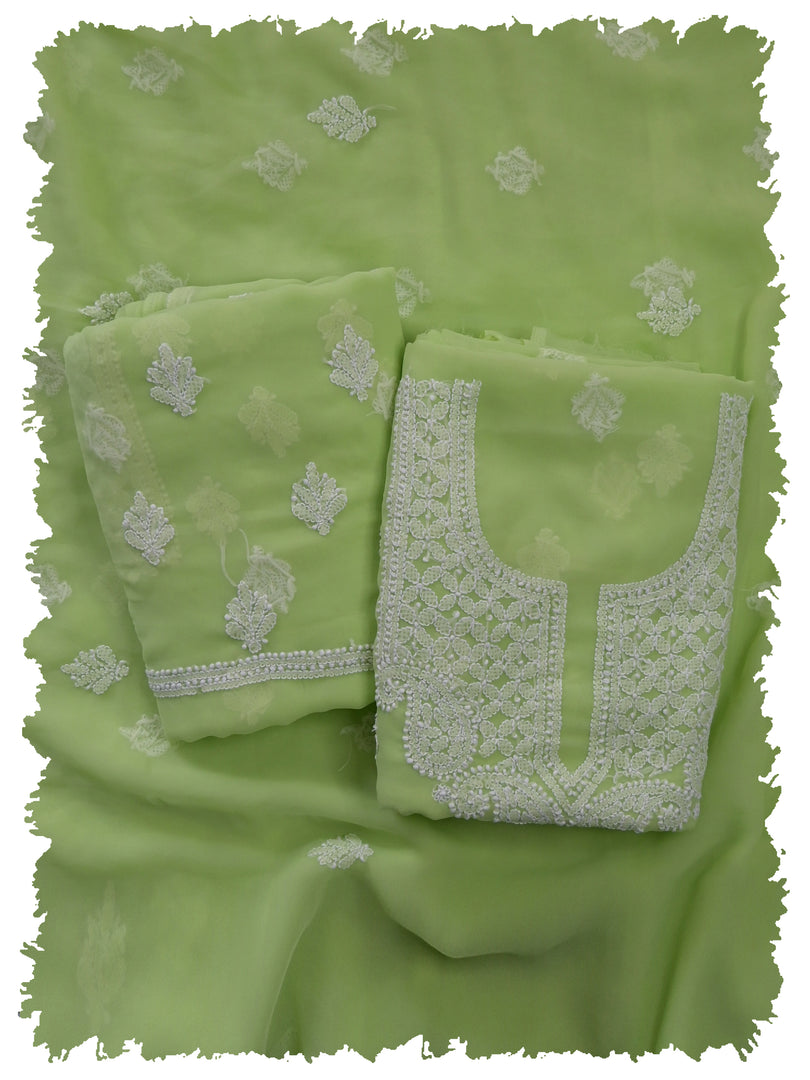 Seva Chikan Hand Embroidered Green Georgette Lucknowi Chikankari Unstitched Suit Piece-SCL13113