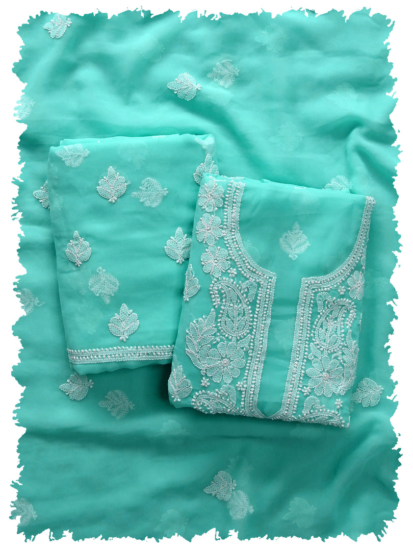 Seva Chikan Hand Embroidered Sea Green Georgette Lucknowi Chikankari Unstitched Suit Piece-SCL13122