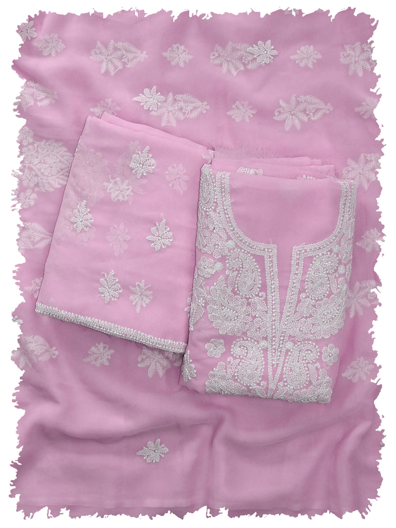 Seva Chikan Hand Embroidered Pink Georgette Lucknowi Chikankari Unstitched Suit Piece-SCL13125