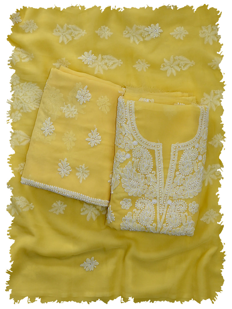 Seva Chikan Hand Embroidered Yellow Georgette Lucknowi Chikankari Unstitched Suit Piece-SCL13126