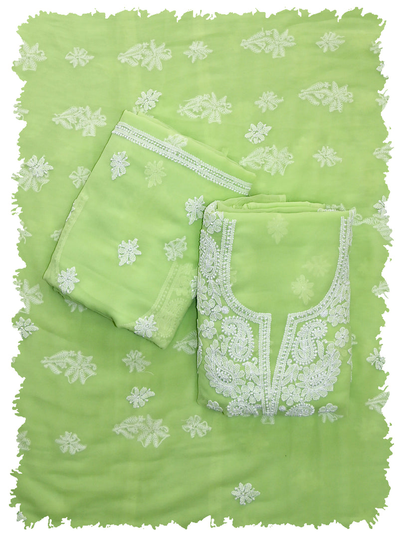 Seva Chikan Hand Embroidered Pista Green Georgette Lucknowi Chikankari Unstitched Suit Piece-SCL13127