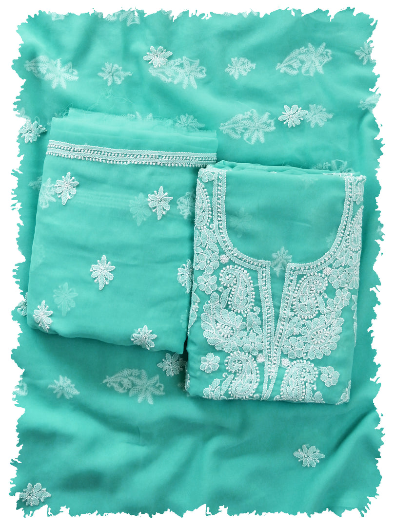 Seva Chikan Hand Embroidered Sea Green Georgette Lucknowi Chikankari Unstitched Suit Piece-SCL13128