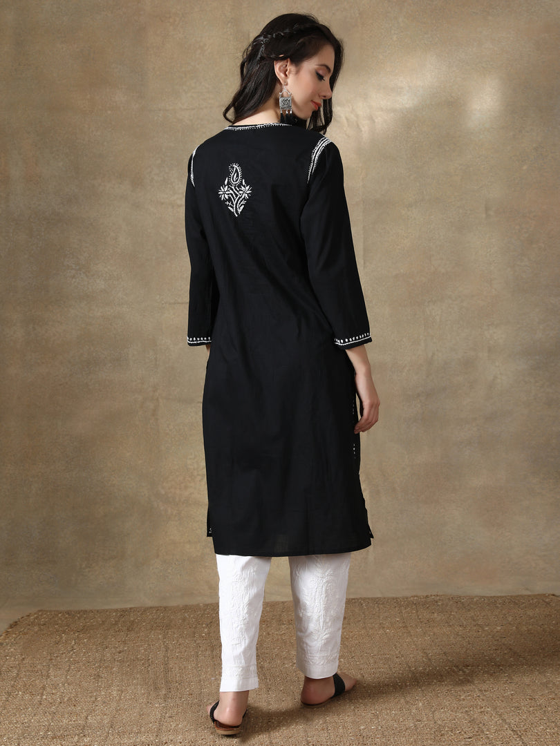 Seva Chikan Hand Embroidered Black Cotton Lucknowi Chikan Kurti-SCL4061