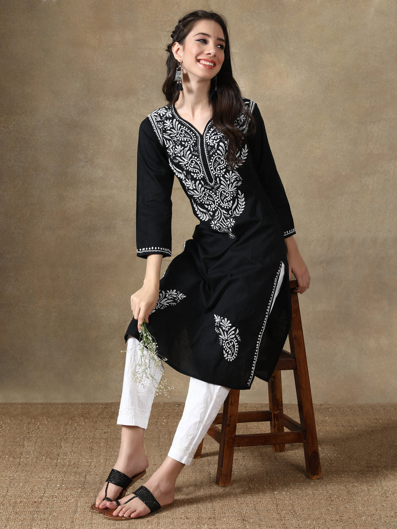 Seva Chikan Hand Embroidered Black Cotton Lucknowi Chikan Kurti-SCL4061