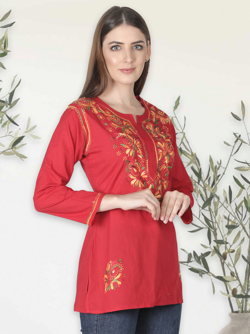 Seva Chikan Hand Embroidered Cotton Lucknowi Chikan Short Top