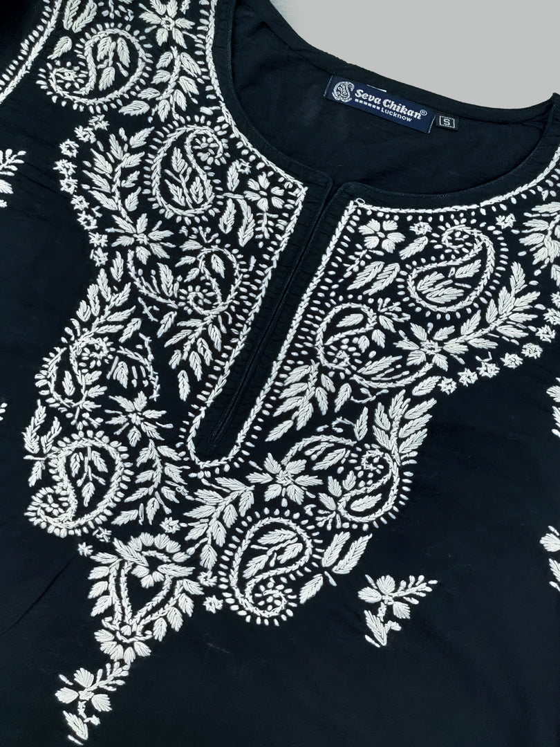 Seva Chikan Hand Embroidered Black Cotton Lucknowi Chikankari Kurta