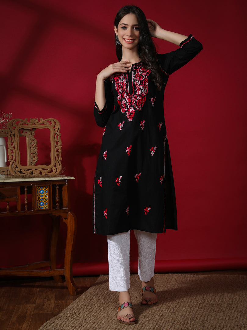 Seva Chikan Hand Embroidered Black Cotton Lucknowi Chikankari Kurta