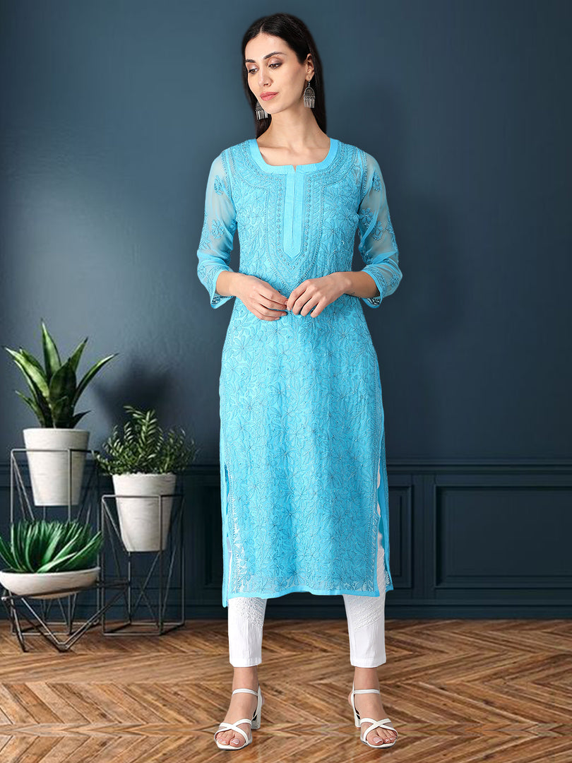 Seva Chikan Hand Embroidered Georgette Lucknowi Chikan Kurti With Slip