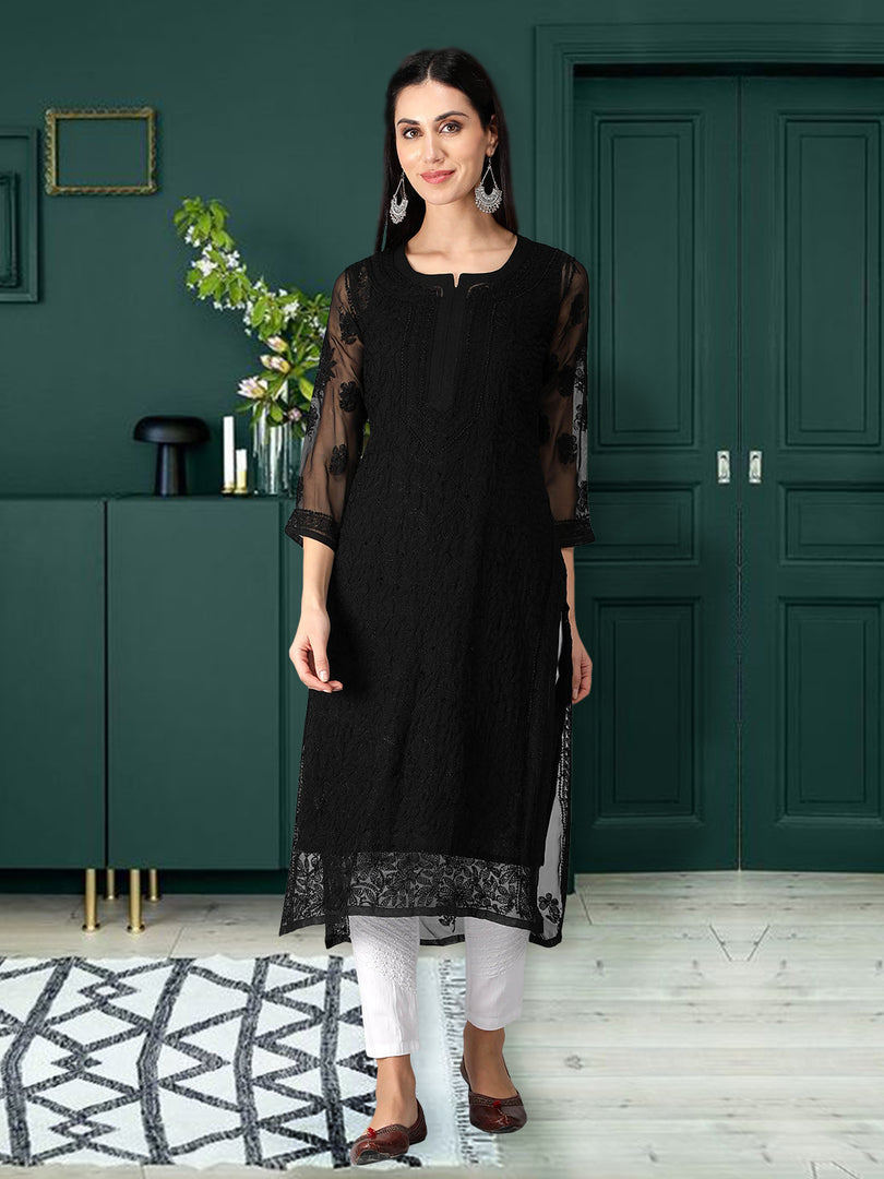 Seva Chikan Hand Embroidered Georgette Lucknowi Chikan Kurti With Slip