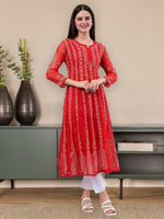 Load image into Gallery viewer, Seva Chikan Hand Embroidered Red Georgette Lucknowi Chikankari Anarkali Kurta-SCL4292
