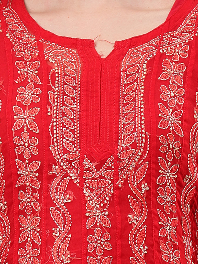 Seva Chikan Hand Embroidered Red Georgette Lucknowi Chikankari Anarkali Kurta-SCL4292