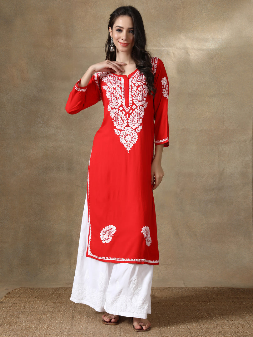 Seva Chikan Hand Embroidered Rayon Lucknowi Chikankari Kurta