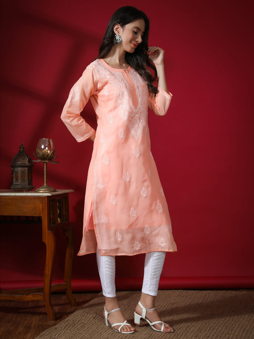 Seva Chikan Hand Embroidered  Terivoil Cotton Lucknowi Chikan Kurta