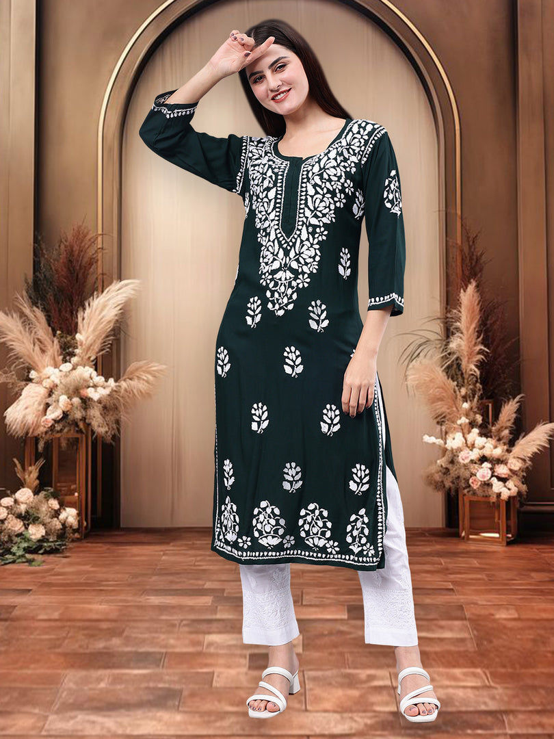 Seva Chikan Hand Embroidered Dark Green Rayon Lucknowi Chikankari Kurta-SCL4370