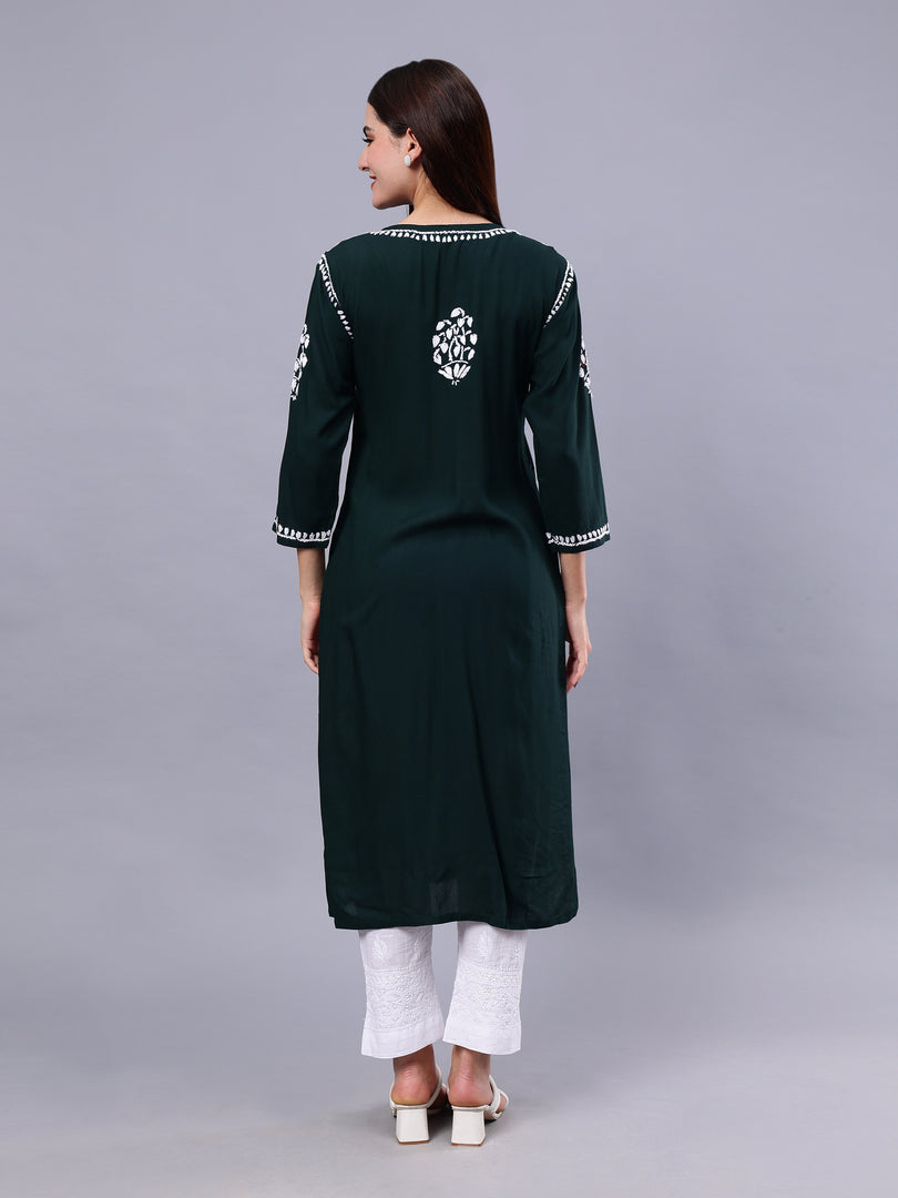 Seva Chikan Hand Embroidered Dark Green Rayon Lucknowi Chikankari Kurta-SCL4370