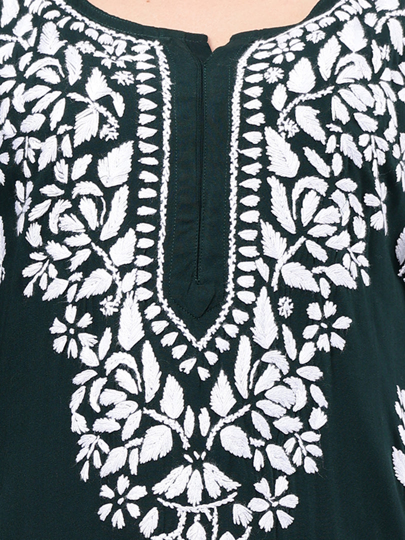 Seva Chikan Hand Embroidered Dark Green Rayon Lucknowi Chikankari Kurta-SCL4370