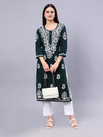 Load image into Gallery viewer, Seva Chikan Hand Embroidered Dark Green Rayon Lucknowi Chikankari Kurta-SCL4370
