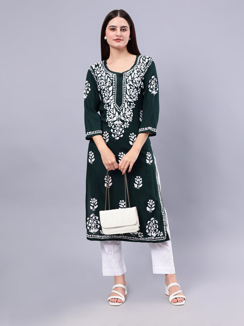 Seva Chikan Hand Embroidered Dark Green Rayon Lucknowi Chikankari Kurta-SCL4370