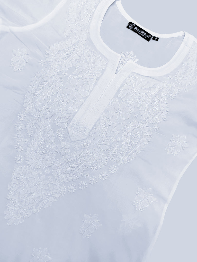 Seva Chikan Hand Embroidered Cotton White Lucknowi Chikankari Kurta-SCL4371