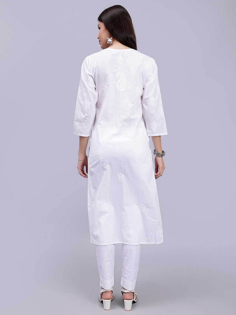 Seva Chikan Hand Embroidered Cotton White Lucknowi Chikankari Kurta-SCL4371