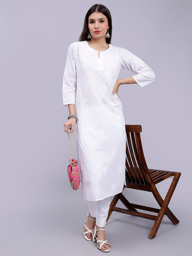 Seva Chikan Hand Embroidered Cotton White Lucknowi Chikankari Kurta-SCL4371