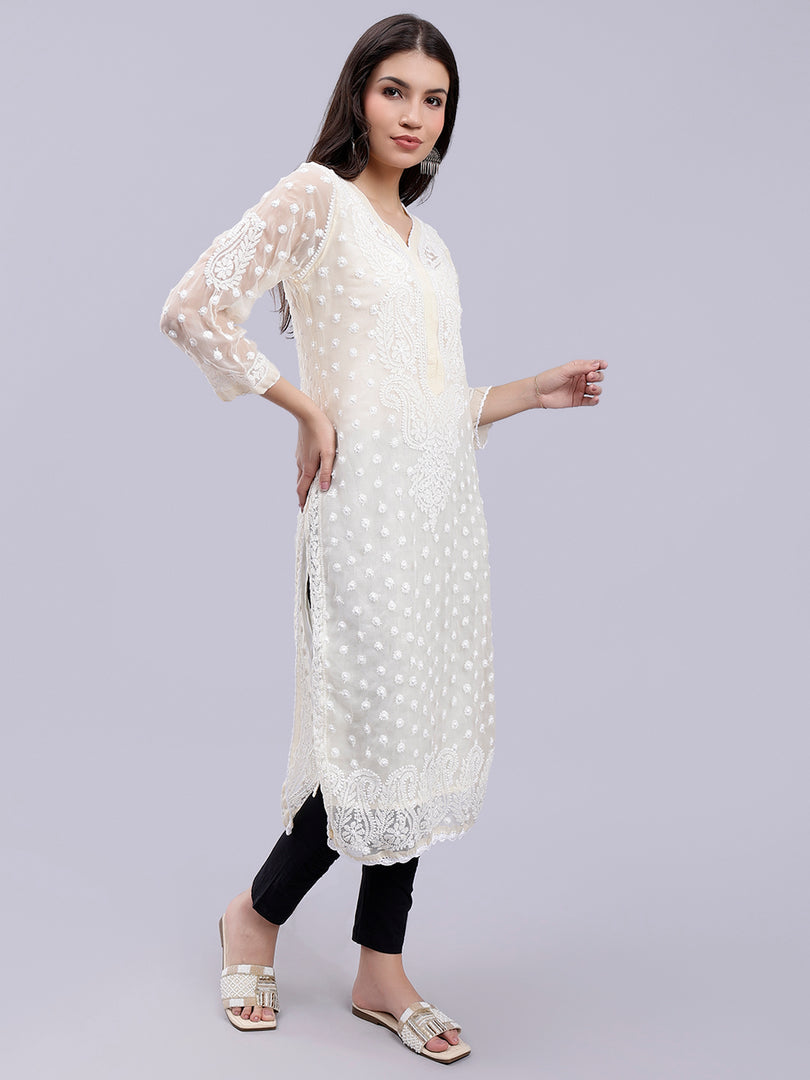 Seva Chikan Hand Embroidered Georgette Lucknowi Chikan Kurta With Slip