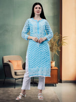 Load image into Gallery viewer, Seva Chikan Hand Embroidered Blue Georgette Lucknowi Chikan Kurta With Slip
