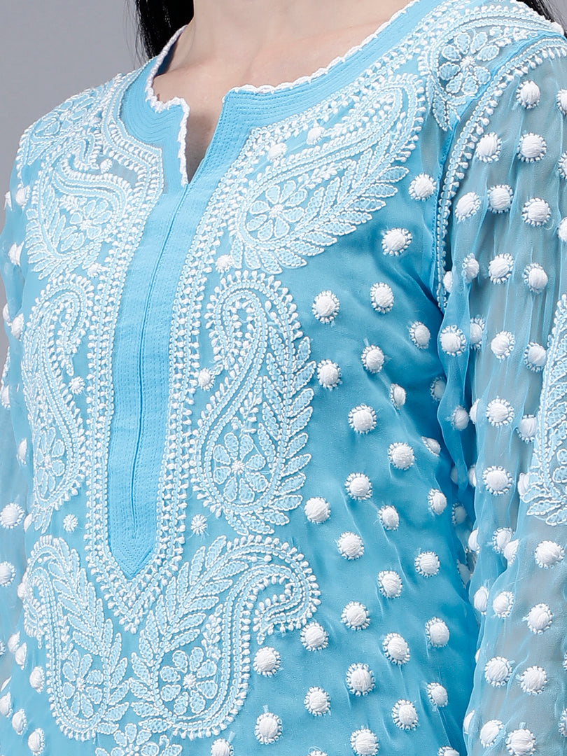 Seva Chikan Hand Embroidered Blue Georgette Lucknowi Chikan Kurta With Slip