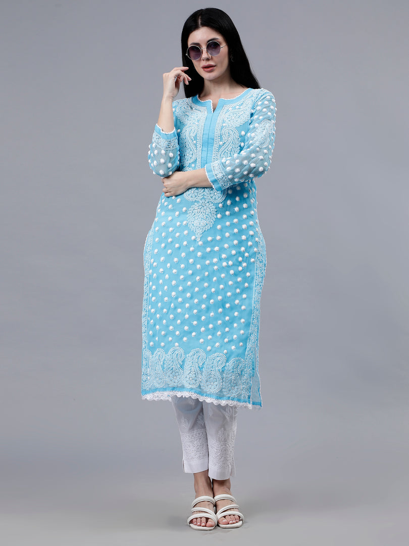 Seva Chikan Hand Embroidered Blue Georgette Lucknowi Chikan Kurta With Slip