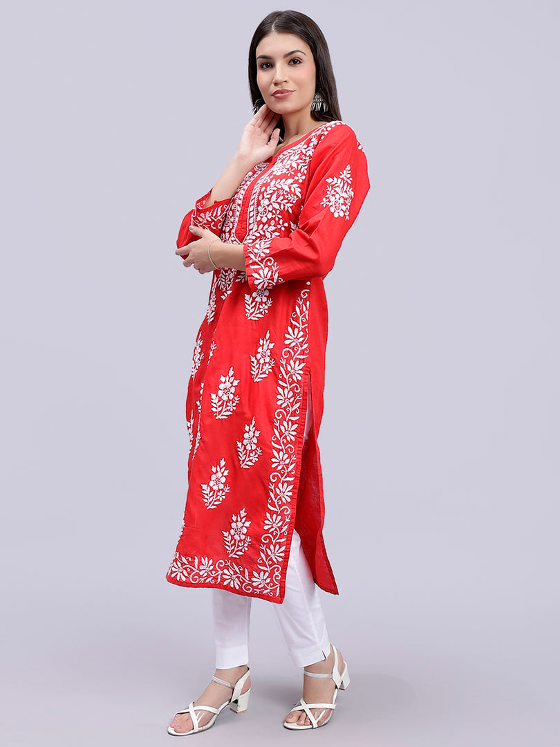 Seva Chikan Hand Embroidered Lucknowi Chikankari Red Cotton Kurta SCL4389