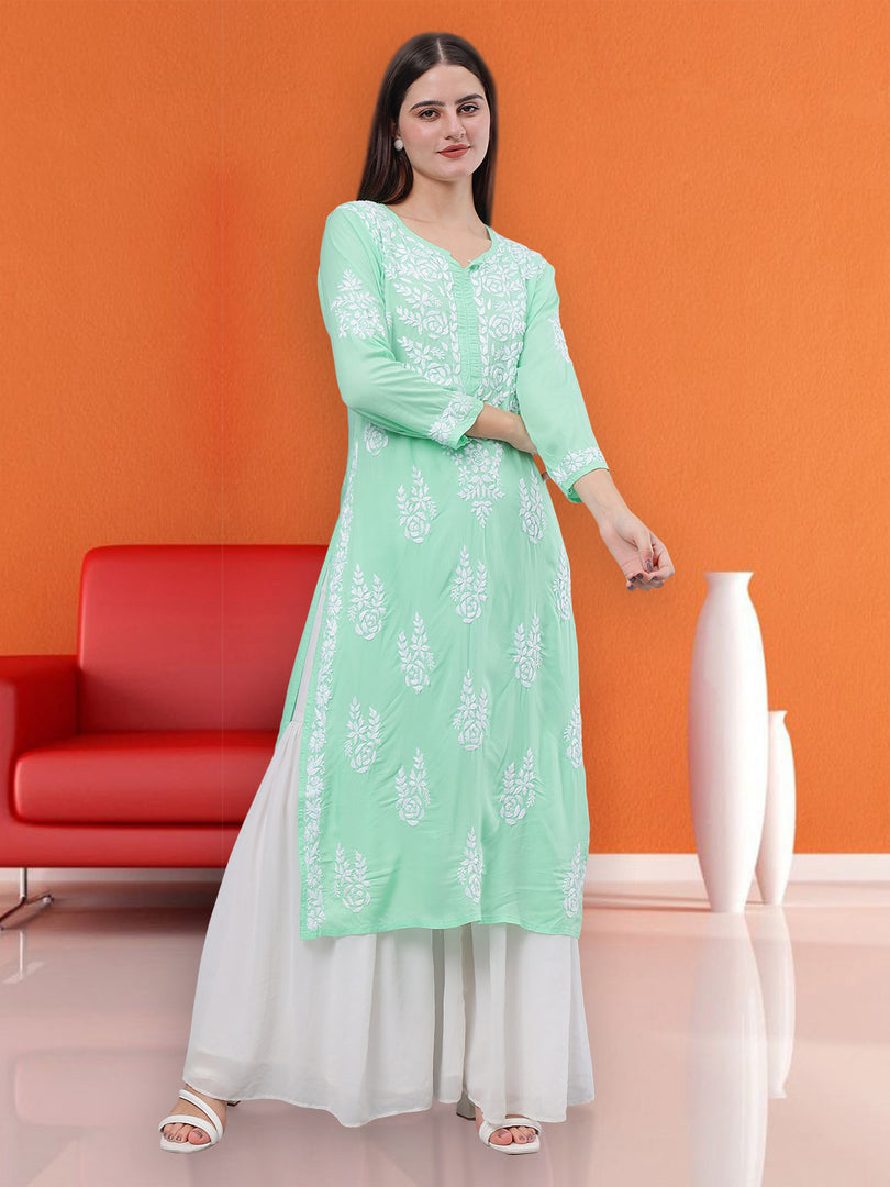 Seva Chikan Hand Embroidered Sea Green Modal Lucknowi Chikankari Kurta Seva Chikan Hand Embroidered Sea Green Modal Lucknowi Chikankari Kurta