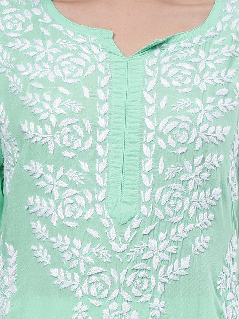 Seva Chikan Hand Embroidered Sea Green Modal Lucknowi Chikankari Kurta