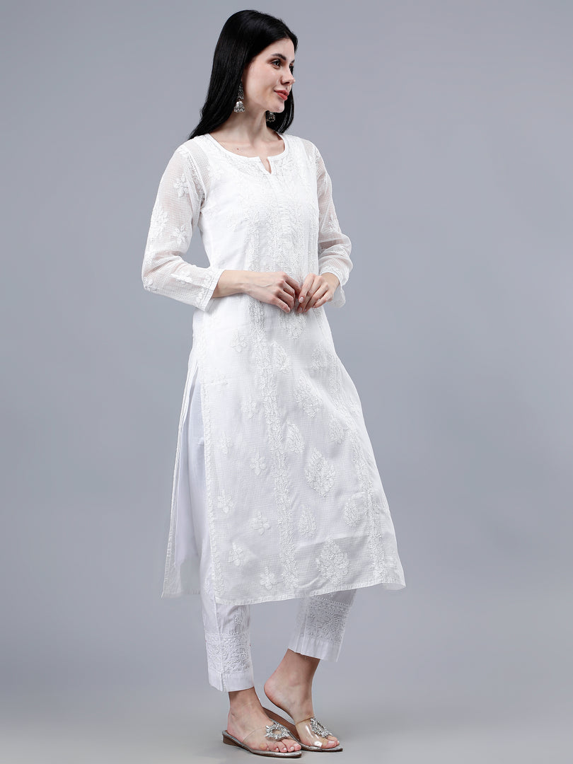 Seva Chikan Hand Embroidered White Kota Lucknowi Chikankari Kurta With Inner