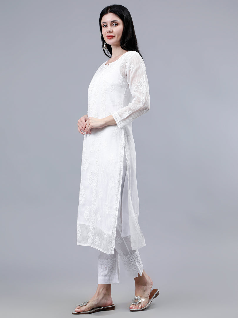 Seva Chikan Hand Embroidered White Kota Lucknowi Chikankari Kurta With Inner