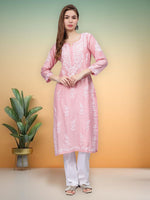 Load image into Gallery viewer, Seva Chikan Hand Embroidered Pink Chanderi Lucknowi Chikankari Kurta - SCL4486
