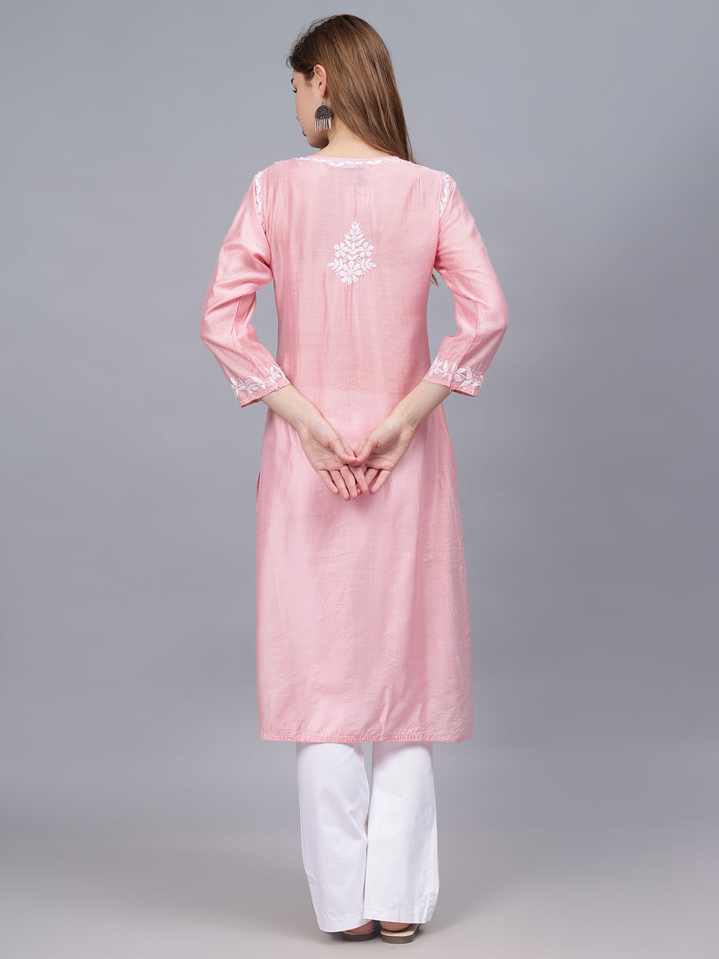 Seva Chikan Hand Embroidered Pink Chanderi Lucknowi Chikankari Kurta - SCL4486