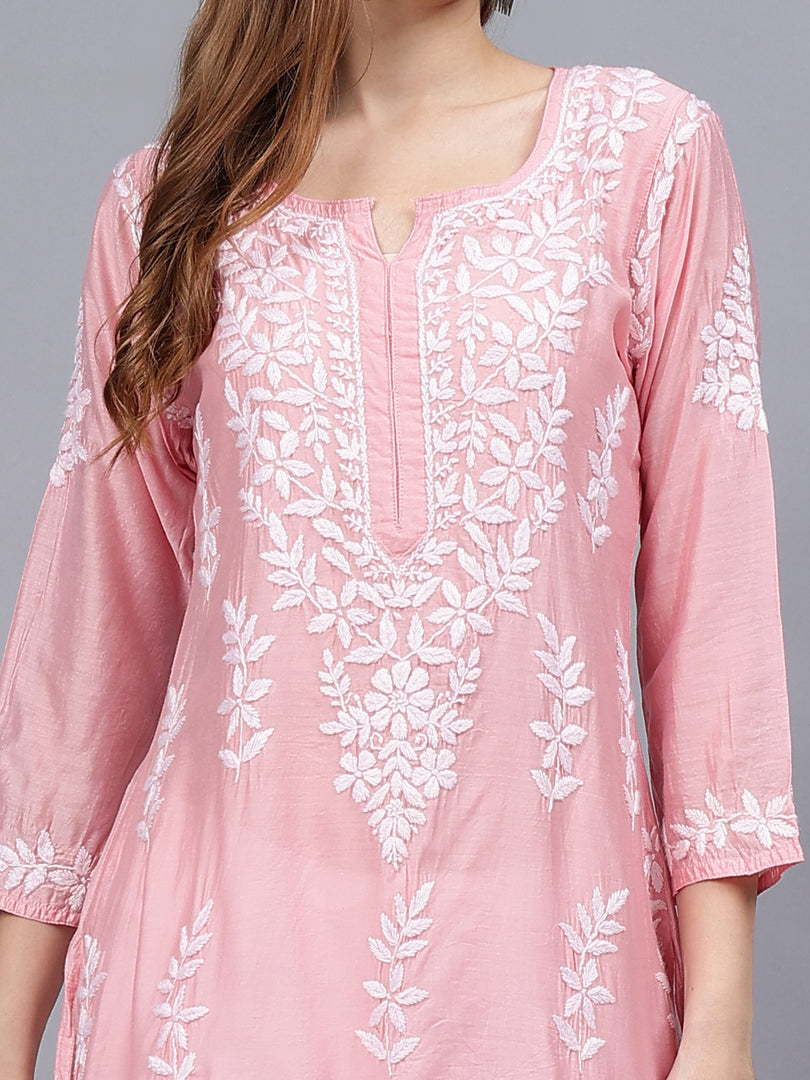 Seva Chikan Hand Embroidered Pink Chanderi Lucknowi Chikankari Kurta - SCL4486