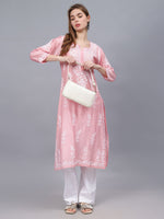 Load image into Gallery viewer, Seva Chikan Hand Embroidered Pink Chanderi Lucknowi Chikankari Kurta - SCL4486
