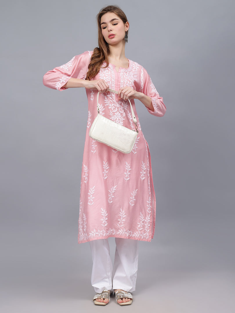 Seva Chikan Hand Embroidered Pink Chanderi Lucknowi Chikankari Kurta - SCL4486